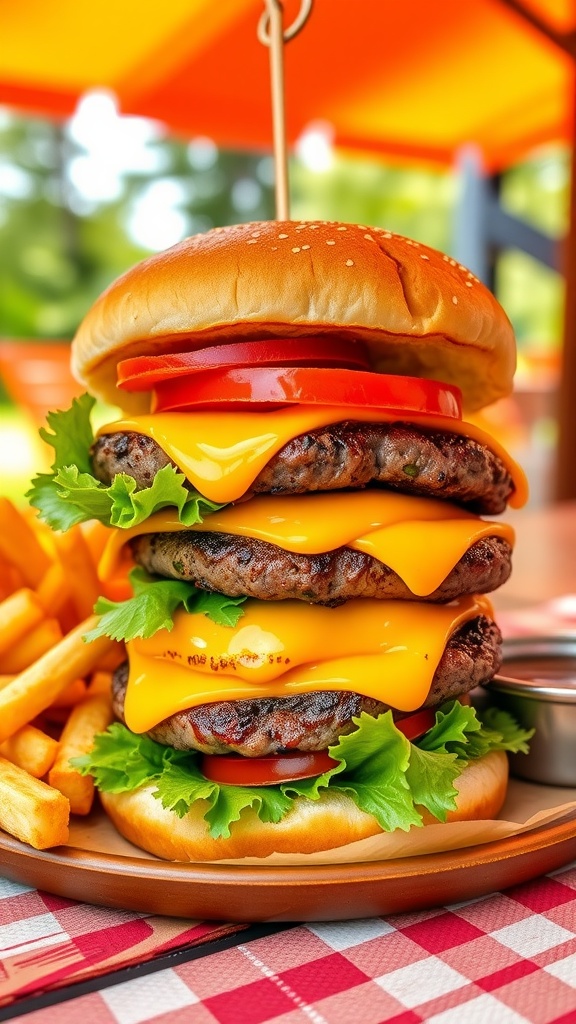 A gourmet cheeseburger with a beef patty, melted cheese, lettuce, and tomato on a brioche bun, served with fries and special sauce.